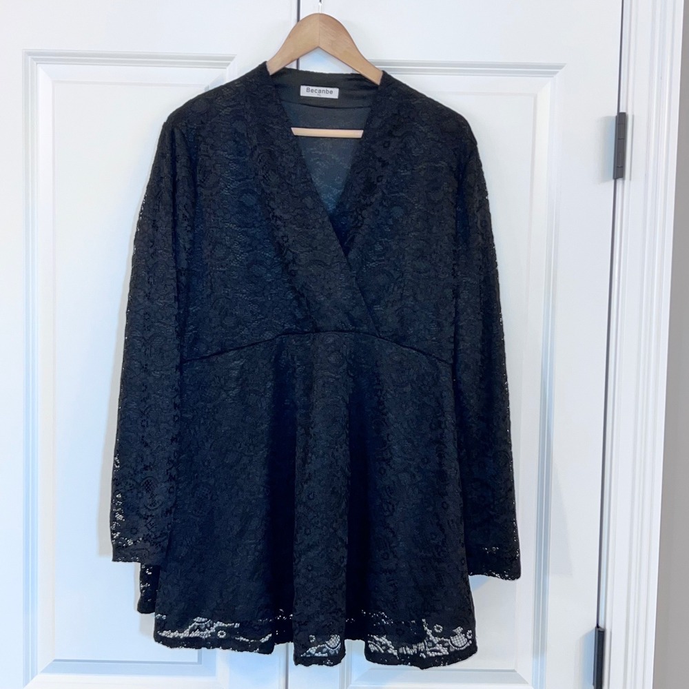 Becanbe Black Lace Long Sleeve V Neck Peplum Top‎ Blouse XL